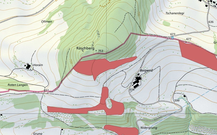 Carte nationale swisstopo avec le périmètre protégé de Oltme (Prairie sèche)