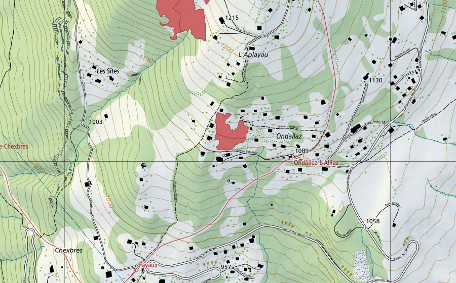 Carte nationale swisstopo avec le périmètre protégé de Ondallaz (Prairie sèche)