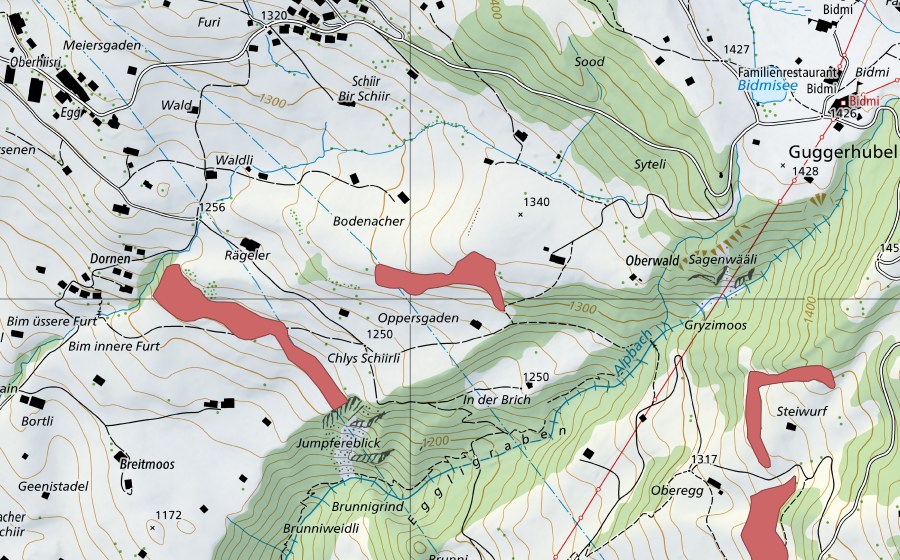 Carte nationale swisstopo avec le périmètre protégé de Oppersgaden (Prairie sèche)