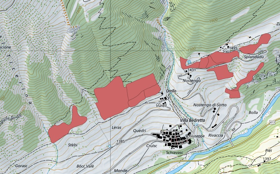 Carte nationale swisstopo avec le périmètre protégé de Orello (Prairie sèche)