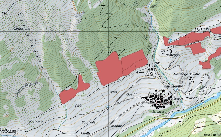 Carte nationale swisstopo avec le périmètre protégé de Orello (Prairie sèche)