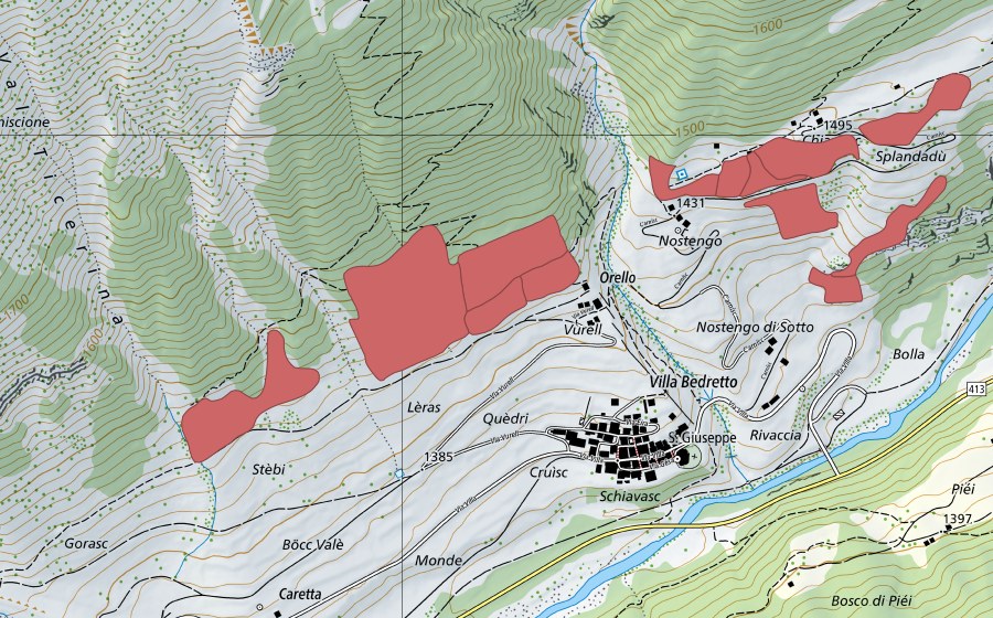 Landeskarte swisstopo mit dem Schutzperimeter von Orello (Trockenwiese)