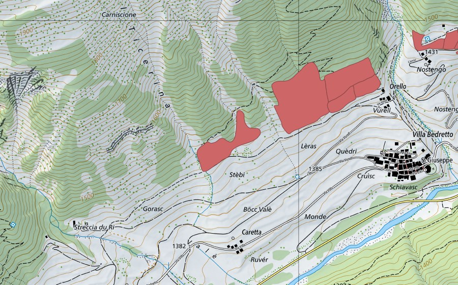 swisstopo national map showing the protected perimeter of Orello (Dry meadow)