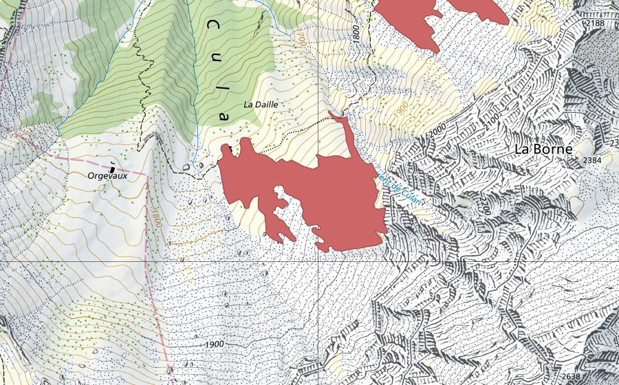 Carte nationale swisstopo avec le périmètre protégé de Orgevaux (Prairie sèche)