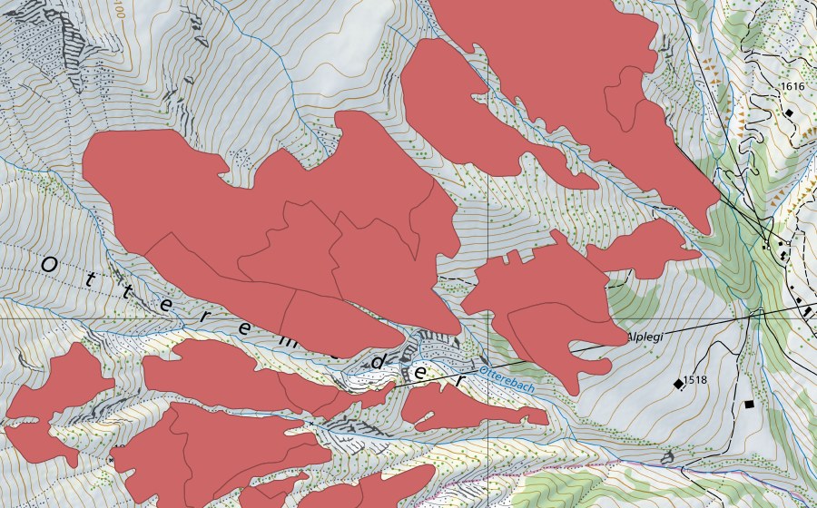 Carte nationale swisstopo avec le périmètre protégé de Otteremeder (Prairie sèche)