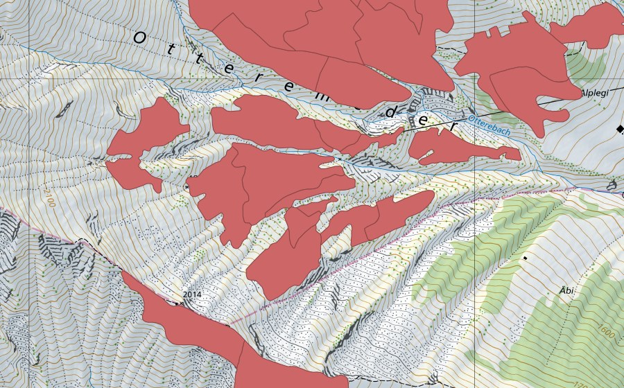 swisstopo national map showing the protected perimeter of Otteremeder (Dry meadow)