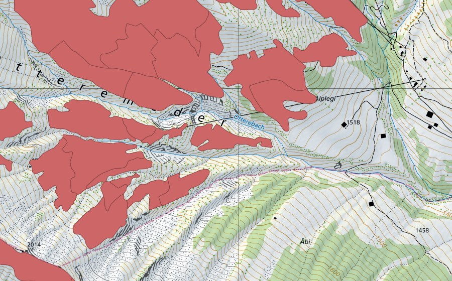 Landeskarte swisstopo mit dem Schutzperimeter von Otteremeder (Trockenwiese)