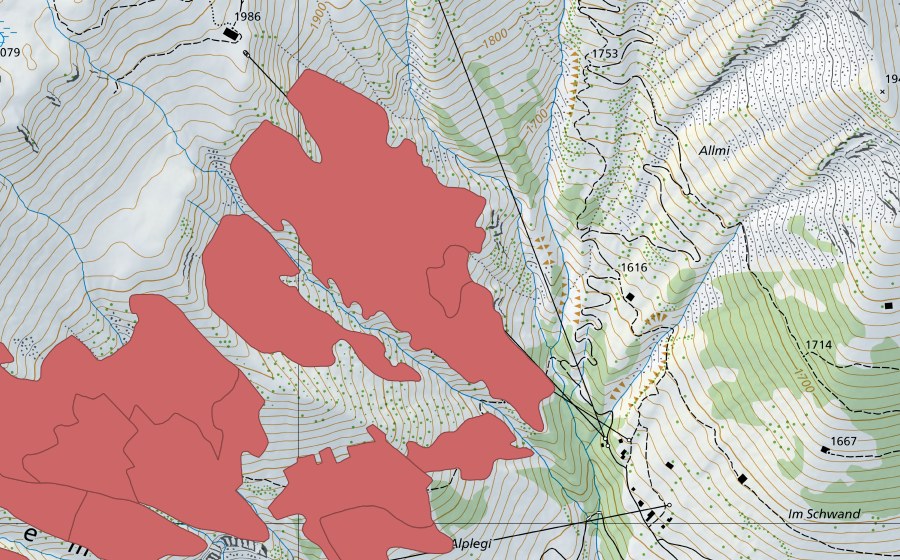 Carte nationale swisstopo avec le périmètre protégé de Otteremeder (Prairie sèche)