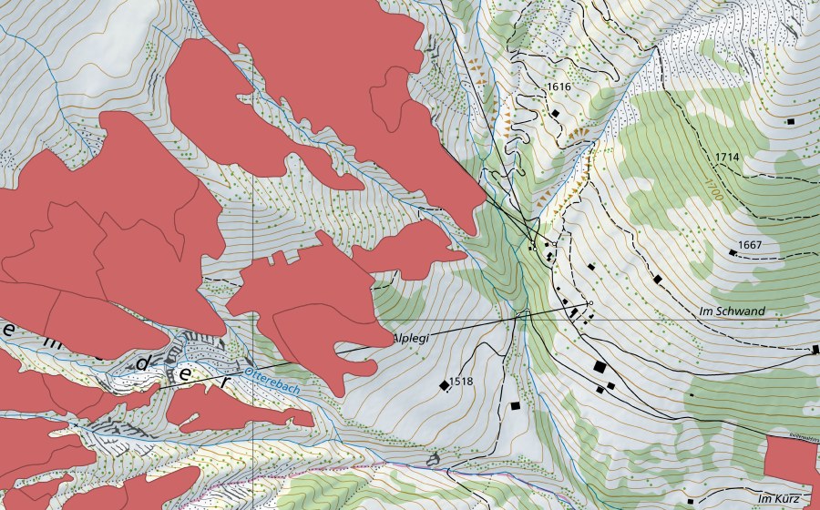 Carte nationale swisstopo avec le périmètre protégé de Otteremeder (Prairie sèche)