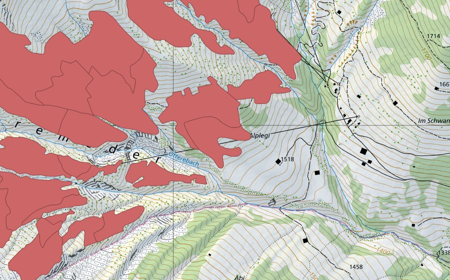swisstopo national map showing the protected perimeter of Otteremeder (Dry meadow)