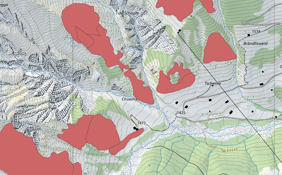 Landeskarte swisstopo mit dem Schutzperimeter von Otteremeder (Trockenwiese)
