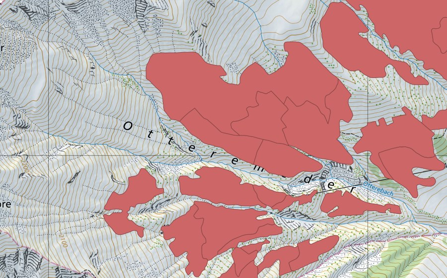 swisstopo national map showing the protected perimeter of Otteremeder (Dry meadow)