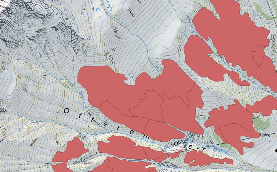 Landeskarte swisstopo mit dem Schutzperimeter von Otteremeder (Trockenwiese)