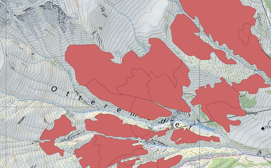 Carte nationale swisstopo avec le périmètre protégé de Otteremeder (Prairie sèche)