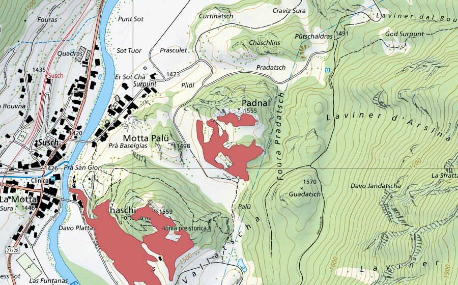 Landeskarte swisstopo mit dem Schutzperimeter von Padnal (Trockenwiese)
