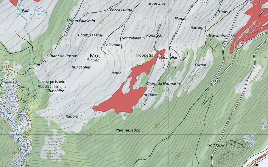 Landeskarte swisstopo mit dem Schutzperimeter von Palavrain (Trockenwiese)