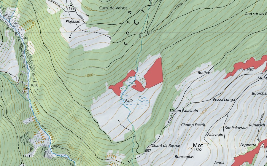 Carte nationale swisstopo avec le périmètre protégé de Palü (Prairie sèche)