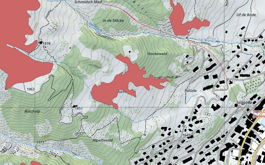Carte nationale swisstopo avec le périmètre protégé de Palüda (Prairie sèche)