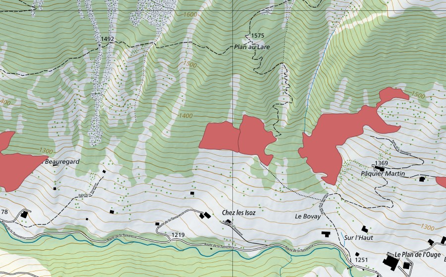 Carte nationale swisstopo avec le périmètre protégé de Pâquier Martin (Prairie sèche)