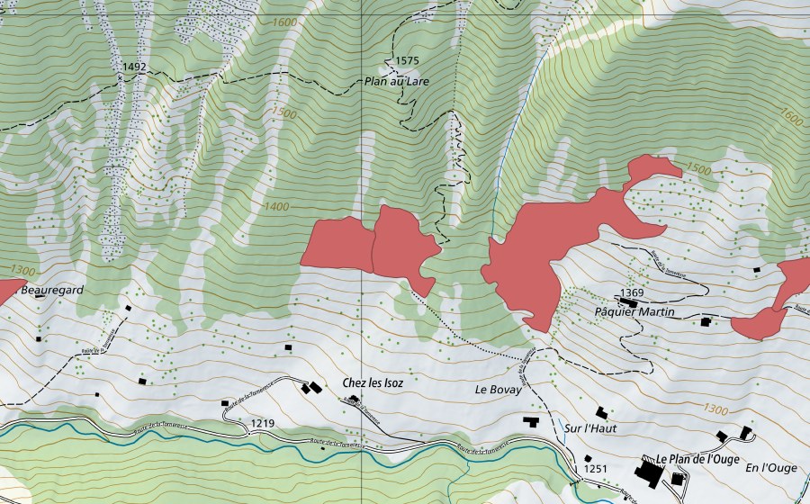 Landeskarte swisstopo mit dem Schutzperimeter von Pâquier Martin (Trockenwiese)