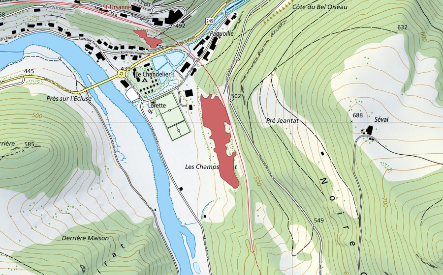 Landeskarte swisstopo mit dem Schutzperimeter von Paquoille (Trockenwiese)