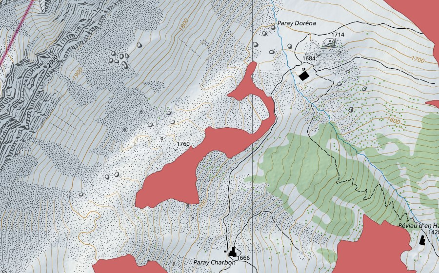 Carte nationale swisstopo avec le périmètre protégé de Paray Dorénaz (Prairie sèche)