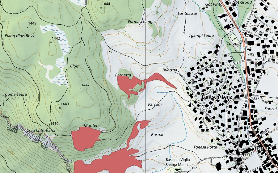 swisstopo national map showing the protected perimeter of Parcom (Dry meadow)