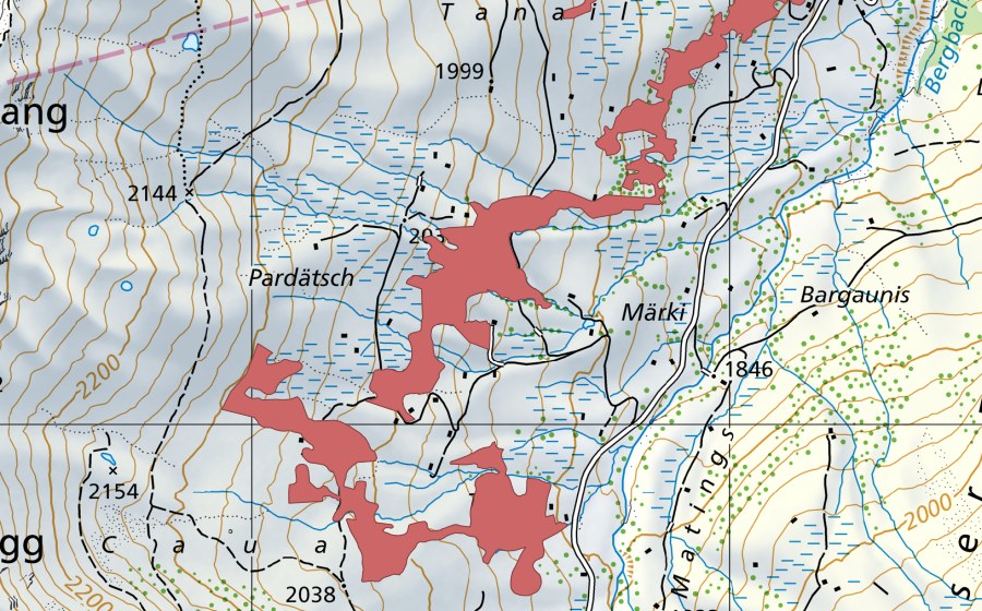 swisstopo national map showing the protected perimeter of Pardätsch (Dry meadow)