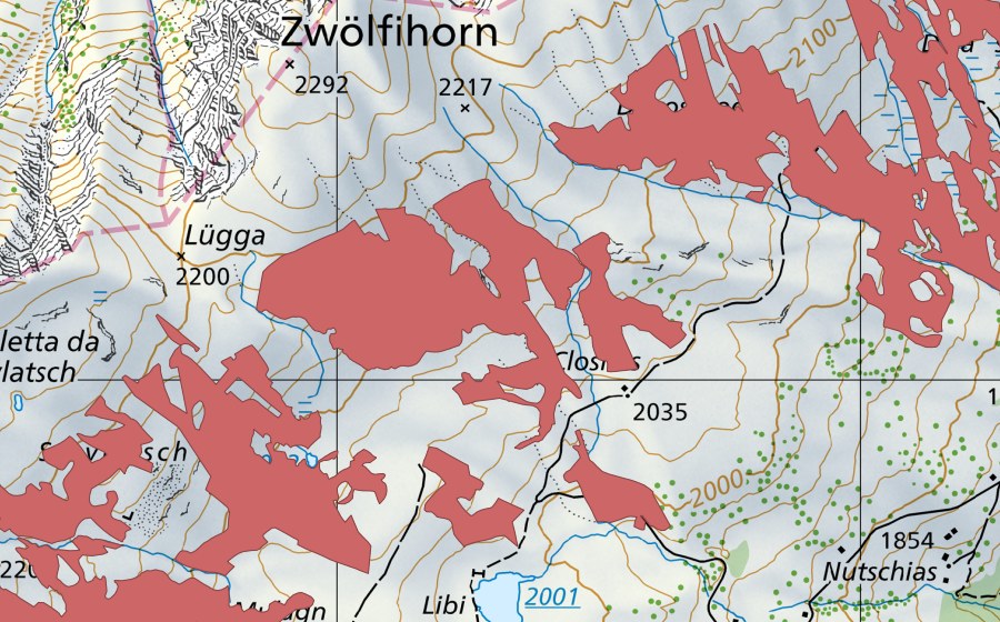 Carte nationale swisstopo avec le périmètre protégé de Pardatsch (Prairie sèche)