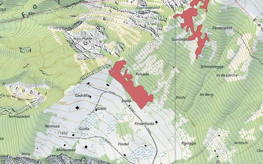 Landeskarte swisstopo mit dem Schutzperimeter von Pardätsch (Trockenwiese)