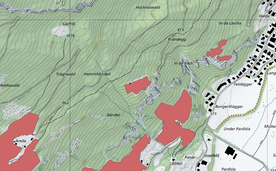 Carte nationale swisstopo avec le périmètre protégé de Parfuoss (Prairie sèche)
