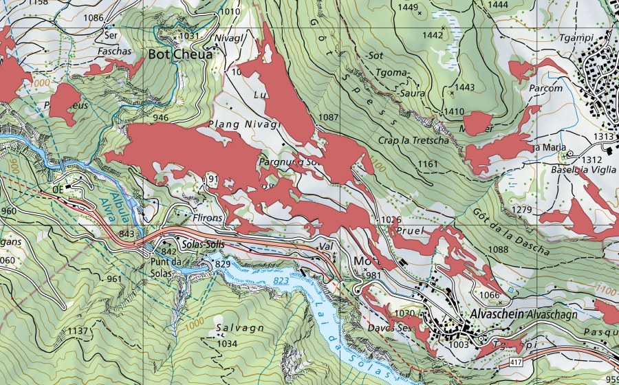 Landeskarte swisstopo mit dem Schutzperimeter von Pargnung (Trockenwiese)
