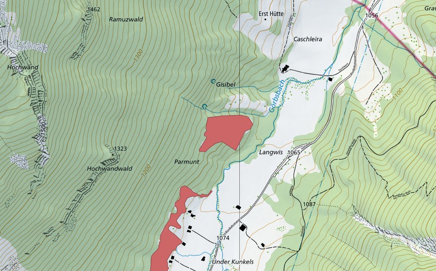 Landeskarte swisstopo mit dem Schutzperimeter von Parmunt (Trockenwiese)
