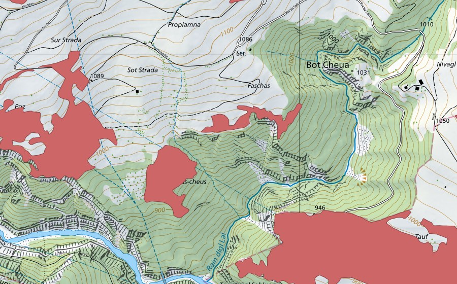 Landeskarte swisstopo mit dem Schutzperimeter von Pas-cheus (Trockenwiese)
