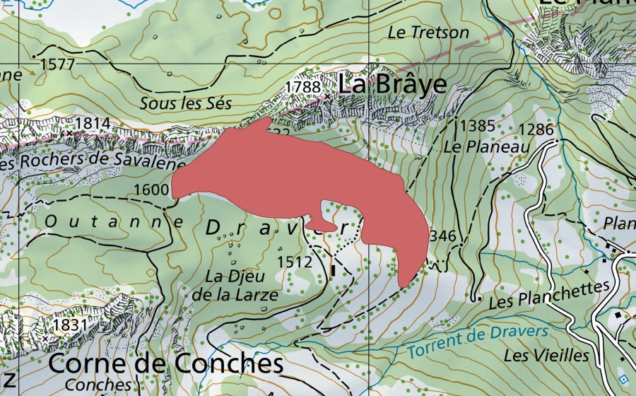 Landeskarte swisstopo mit dem Schutzperimeter von Pas de Braye (Trockenwiese)