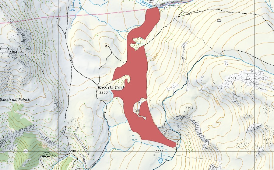 Landeskarte swisstopo mit dem Schutzperimeter von Pass da Costainas (Trockenwiese)