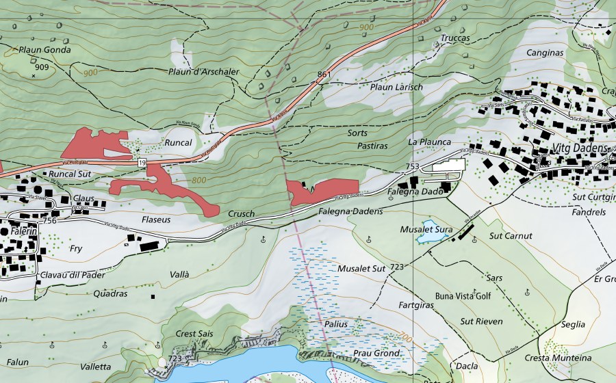 Carte nationale swisstopo avec le périmètre protégé de Pastiras (Prairie sèche)