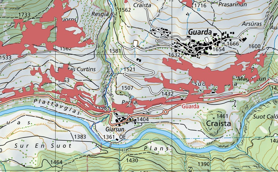 Carte nationale swisstopo avec le périmètre protégé de Patnal (Prairie sèche)