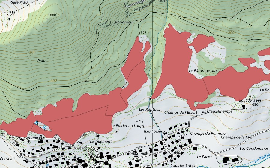Carte nationale swisstopo avec le périmètre protégé de Pâturage aux Vaches (Prairie sèche)
