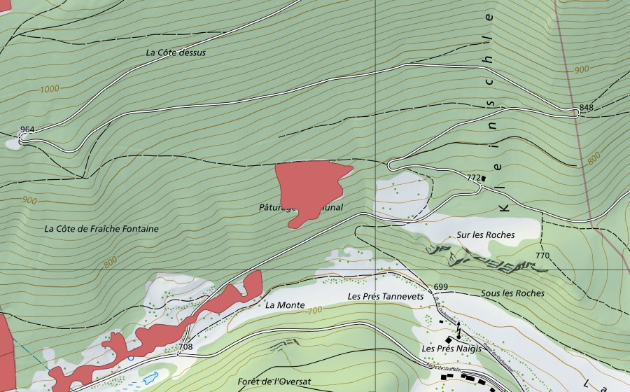 Carte nationale swisstopo avec le périmètre protégé de Pâturage Communal (Prairie sèche)