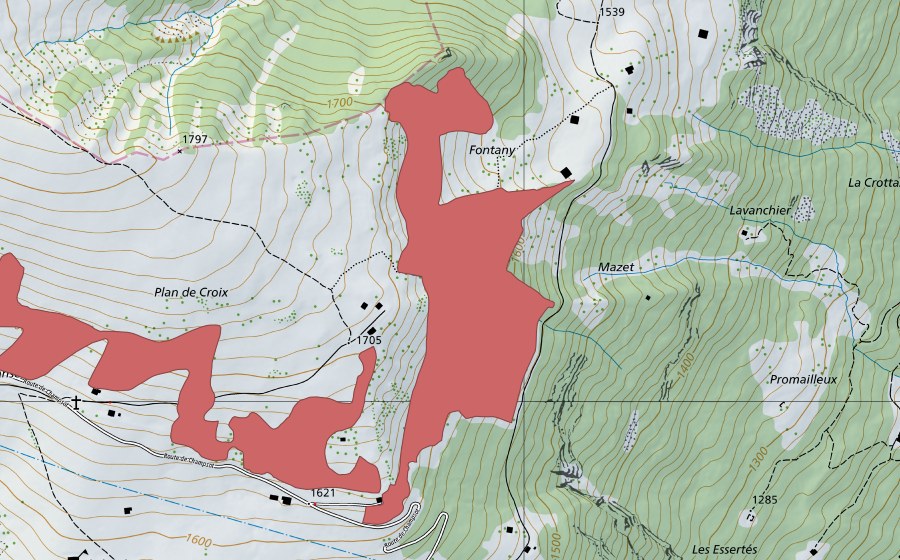 Landeskarte swisstopo mit dem Schutzperimeter von Pâturage de Chanso (Trockenwiese)