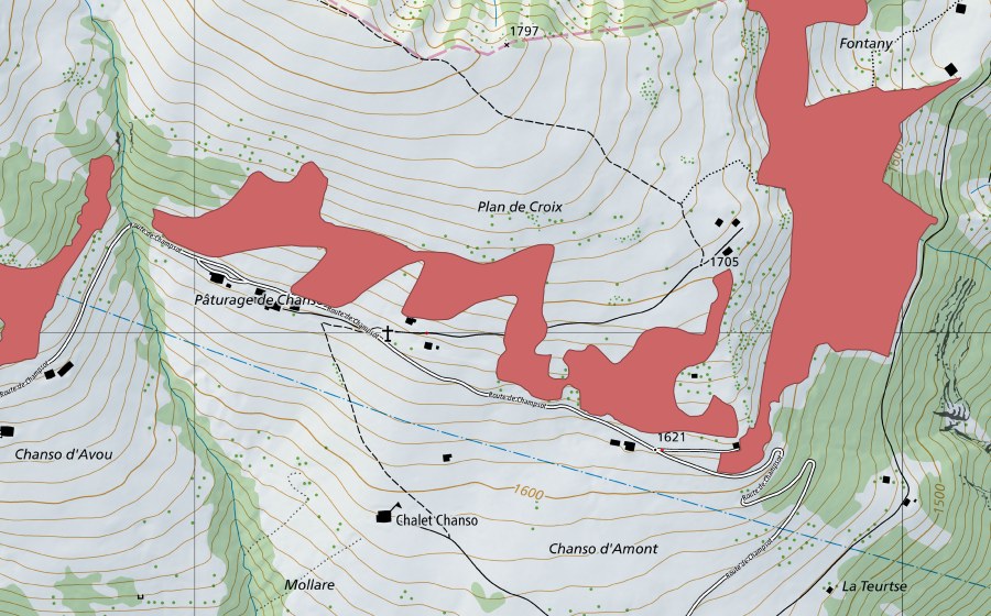 Landeskarte swisstopo mit dem Schutzperimeter von Pâturage de Chanso (Trockenwiese)