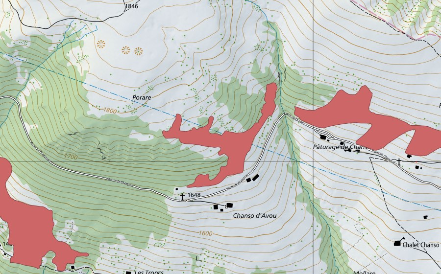 Landeskarte swisstopo mit dem Schutzperimeter von Pâturage de Chanso (Trockenwiese)