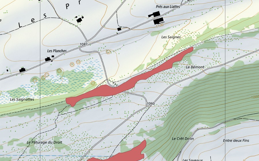 Carte nationale swisstopo avec le périmètre protégé de Pâturage de Droit (Prairie sèche)