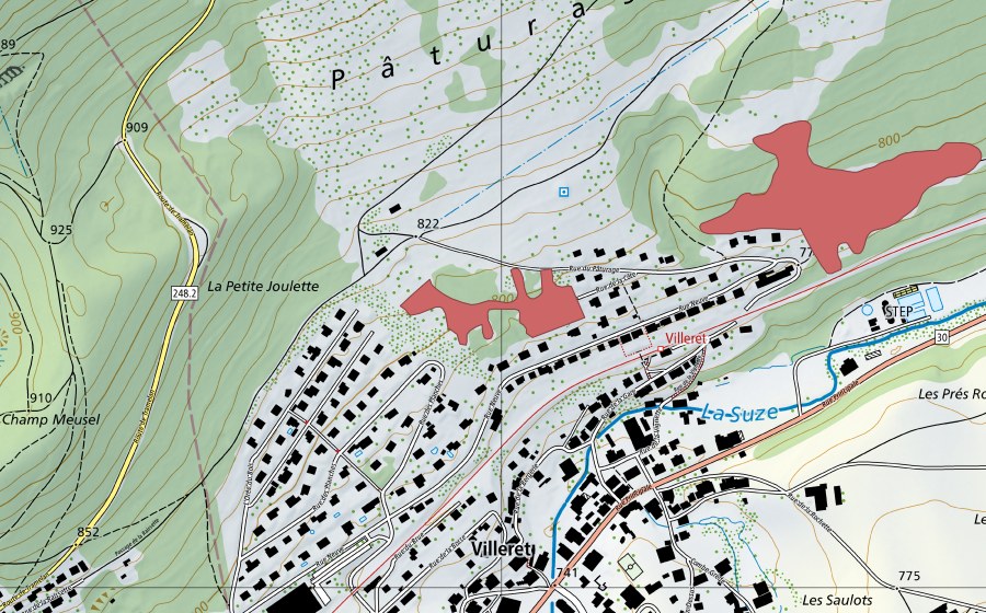 Carte nationale swisstopo avec le périmètre protégé de Pâturage de la Côte (Prairie sèche)