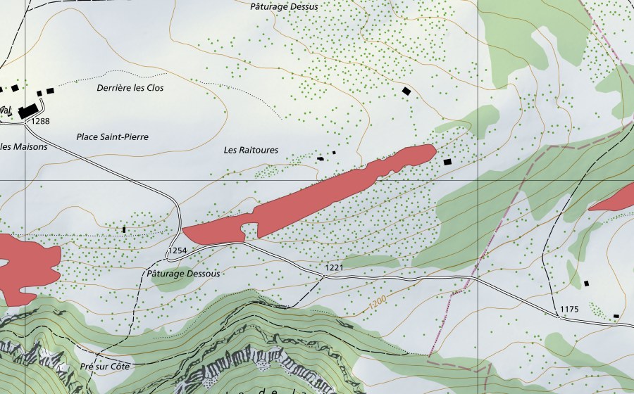 swisstopo national map showing the protected perimeter of Pâturage Dessous (Dry meadow)
