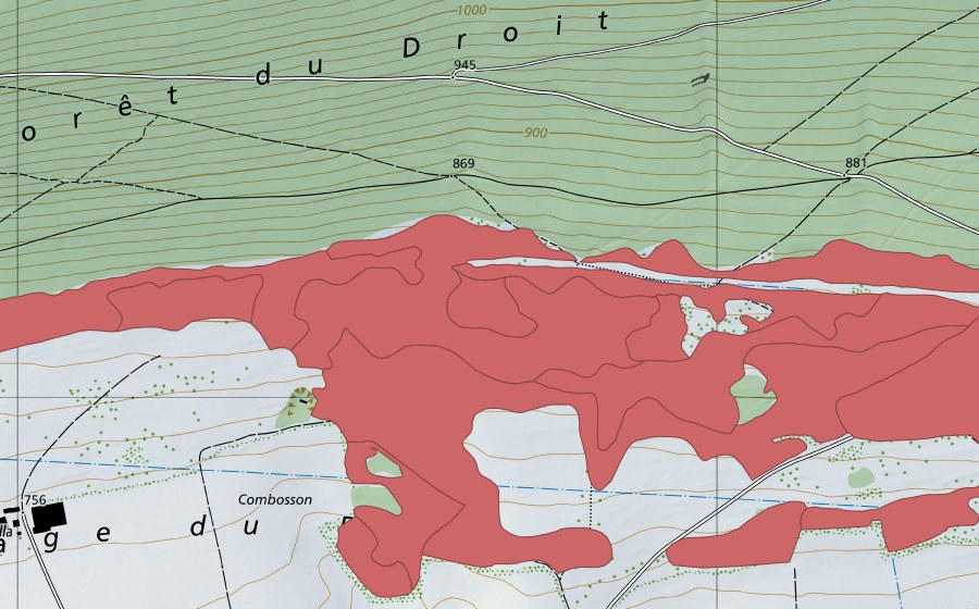 Landeskarte swisstopo mit dem Schutzperimeter von Pâturage du Droit (Trockenwiese)