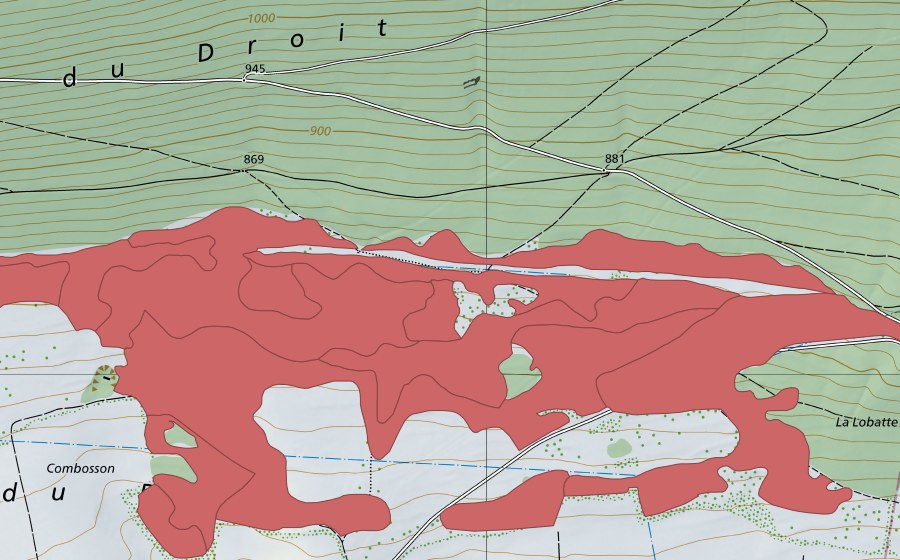 Landeskarte swisstopo mit dem Schutzperimeter von Pâturage du Droit (Trockenwiese)
