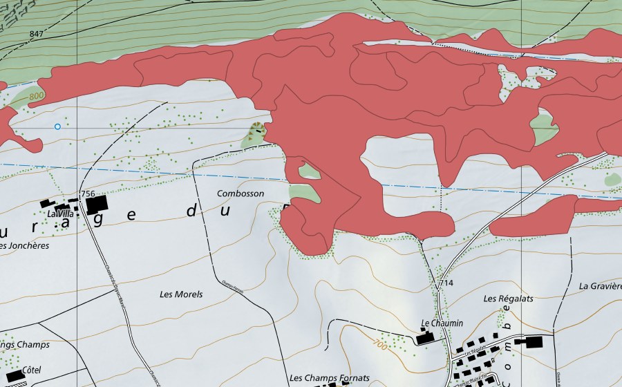Landeskarte swisstopo mit dem Schutzperimeter von Pâturage du Droit (Trockenwiese)