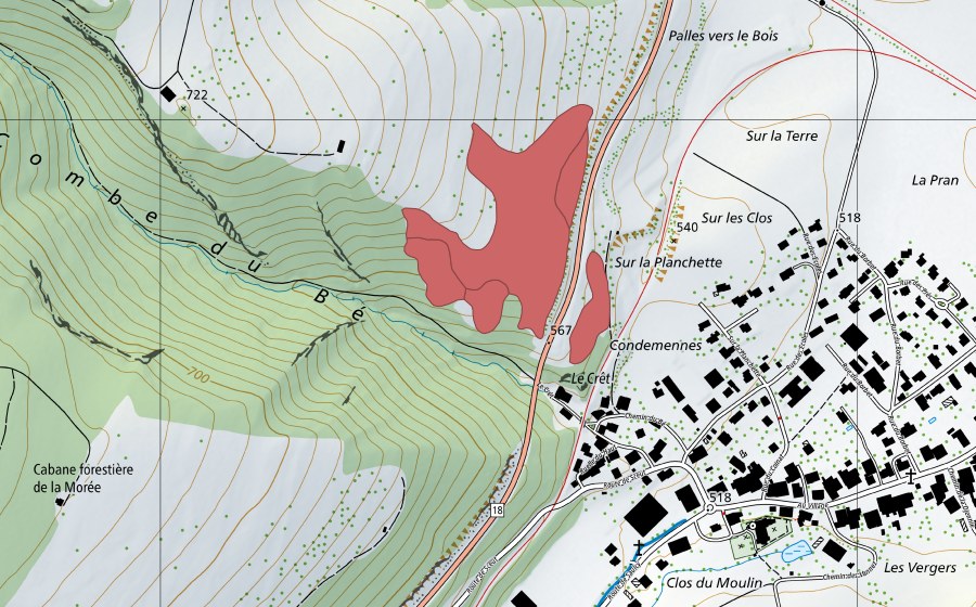 Landeskarte swisstopo mit dem Schutzperimeter von Pâturage du Droit (Trockenwiese)